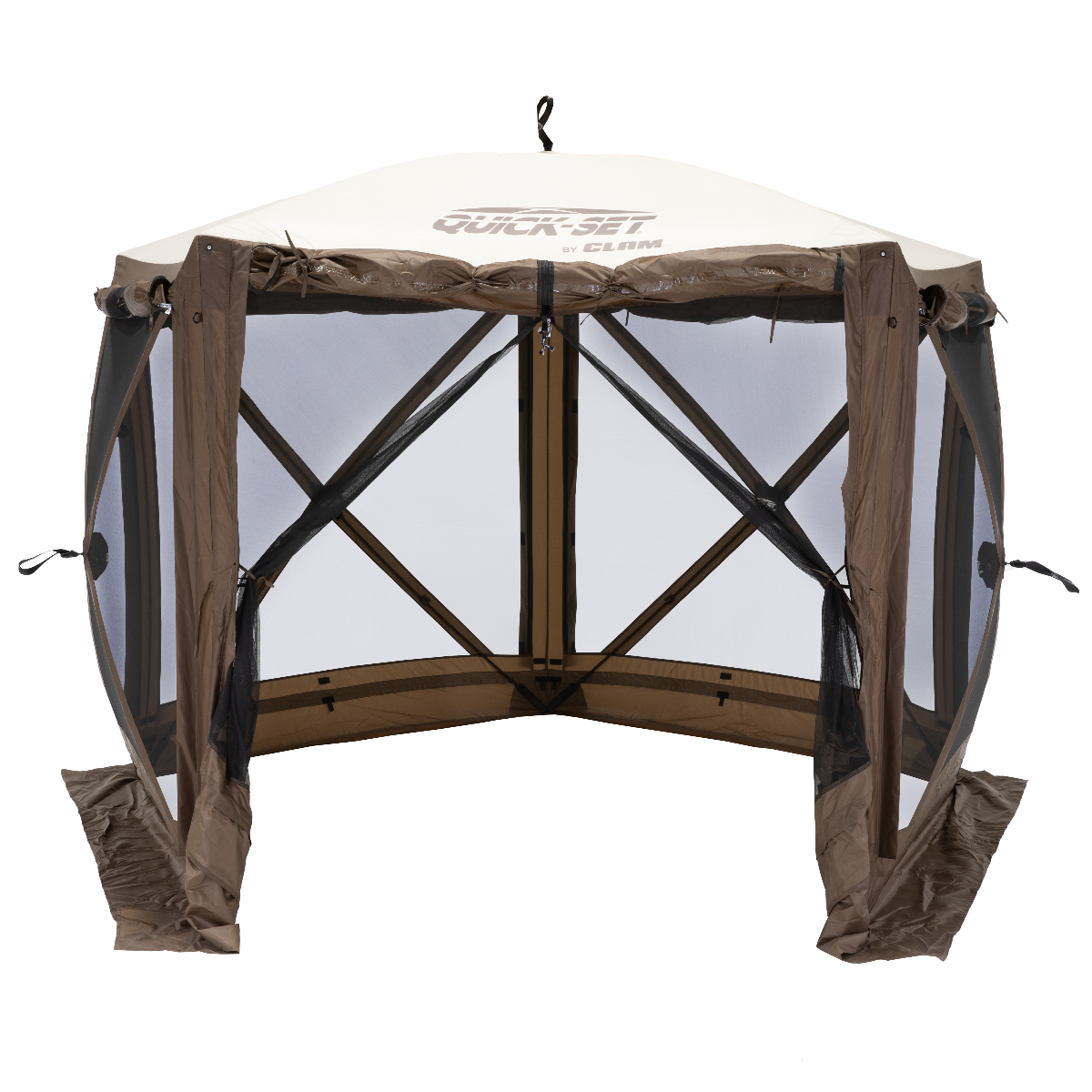 Clam Quick-Set Adventure 5-sided pop-up screen shelter in brown/tan, set up outdoors