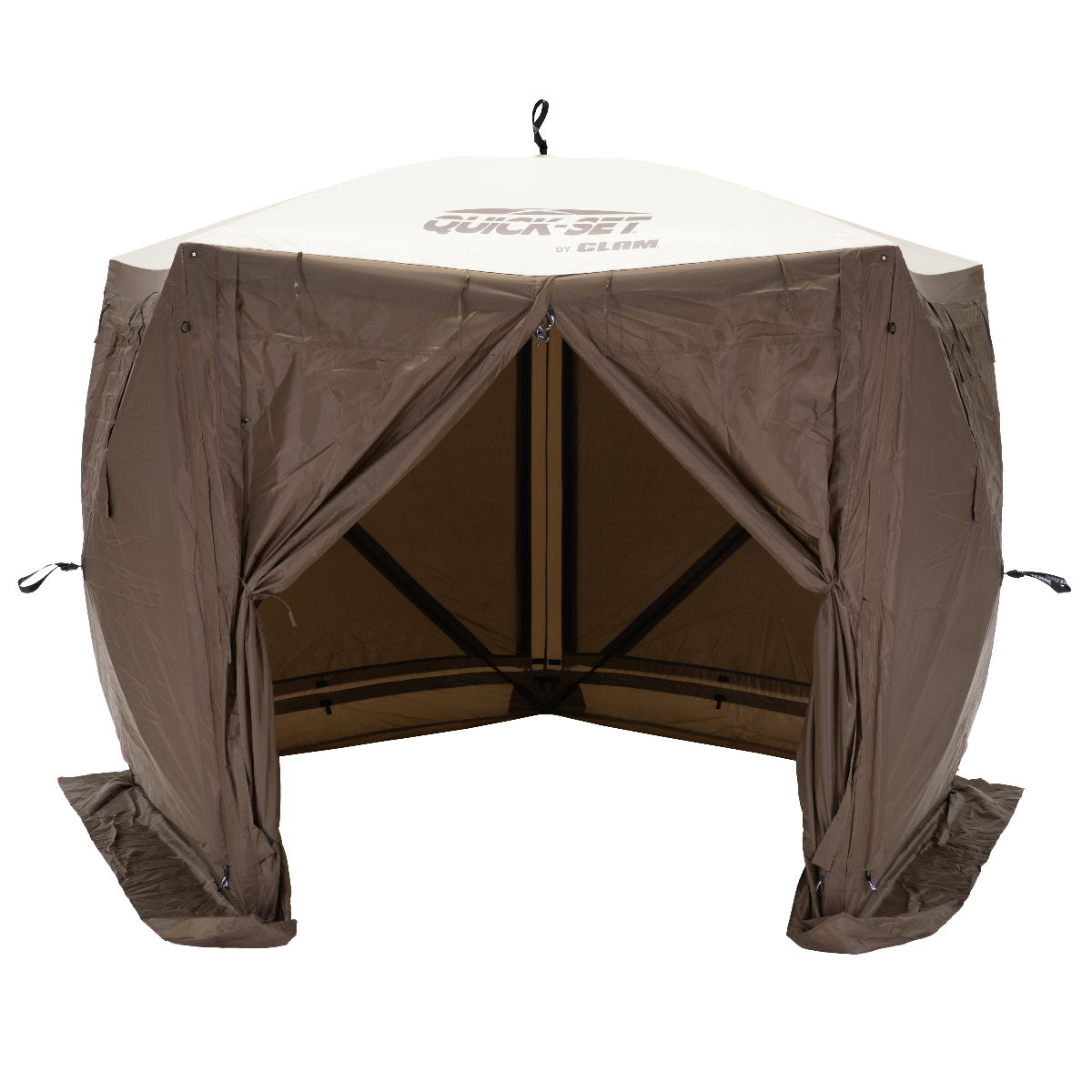 Quick-Set Adventure screen shelter being set up in just 45 seconds with hub pull straps.