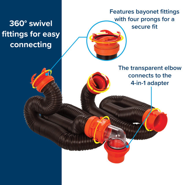 Compact and collapsible RhinoFLEX RV sewer hose kit, each 10-foot section compressing to just 39 inches for easy storage