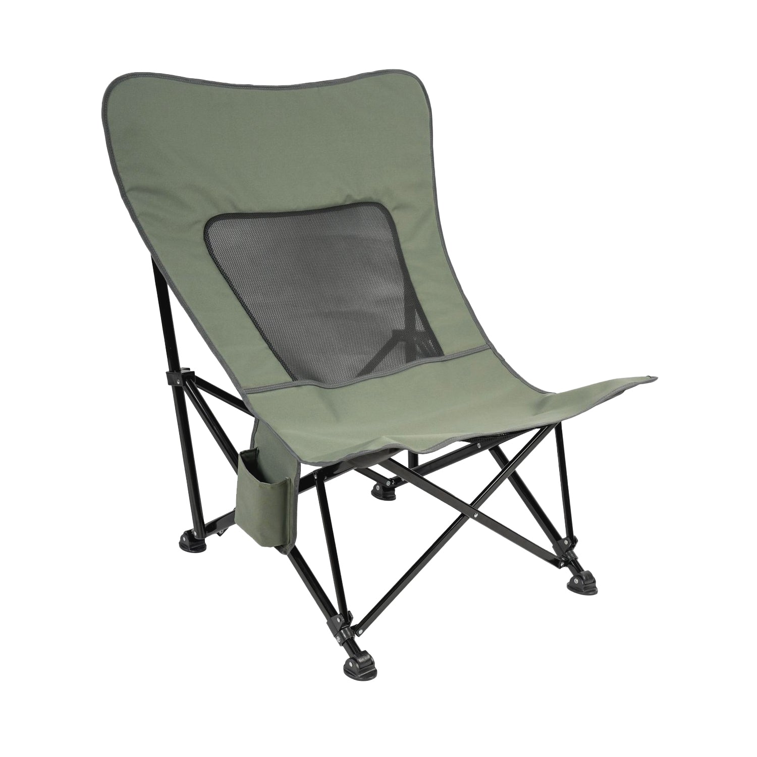 Side view of the Aurora Mesh Chair showcasing the insulated cup holder for keeping beverages cold