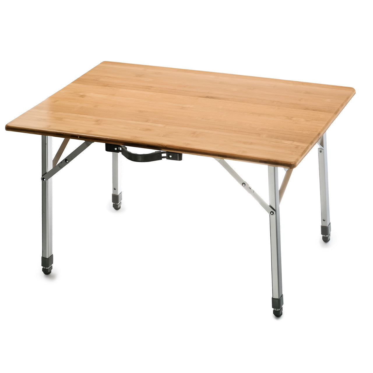 Camco folding bamboo table with adjustable aluminum legs for camping and RV use