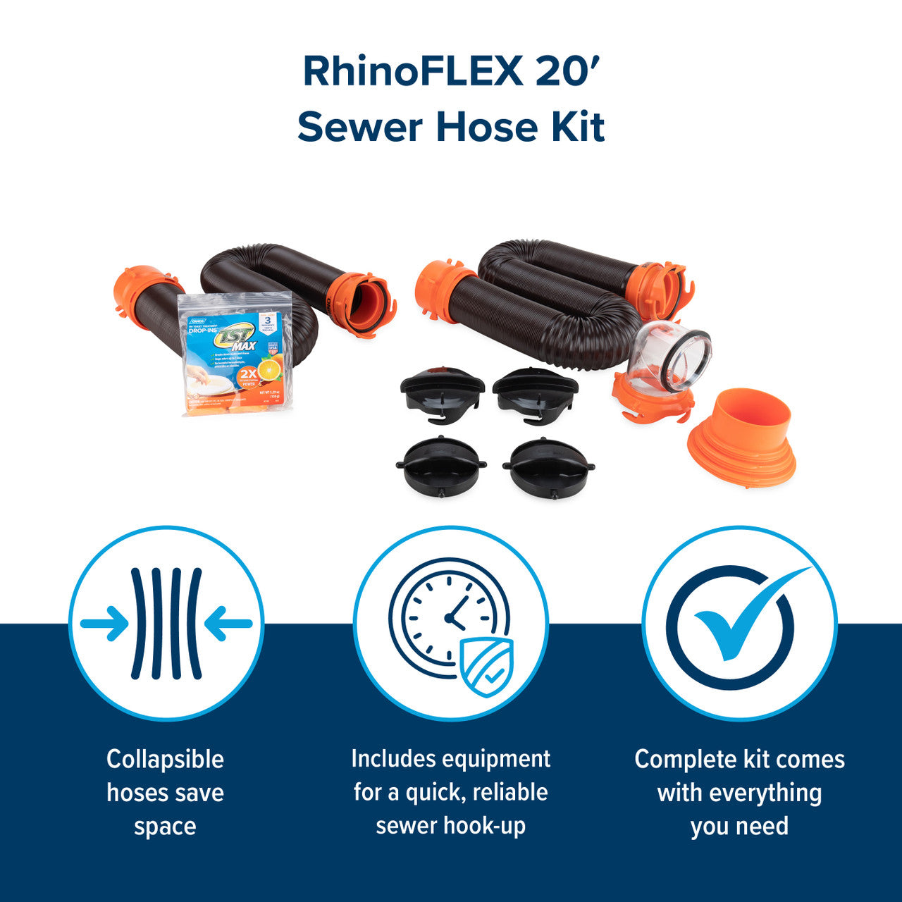 Detail of RhinoFLEX RV sewer hose with four-prong bayonet fittings for a secure, leak-free connection.