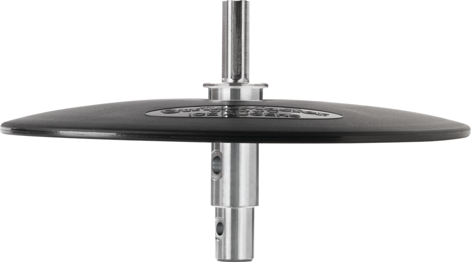 Black cymbal with chrome hardware on a white background