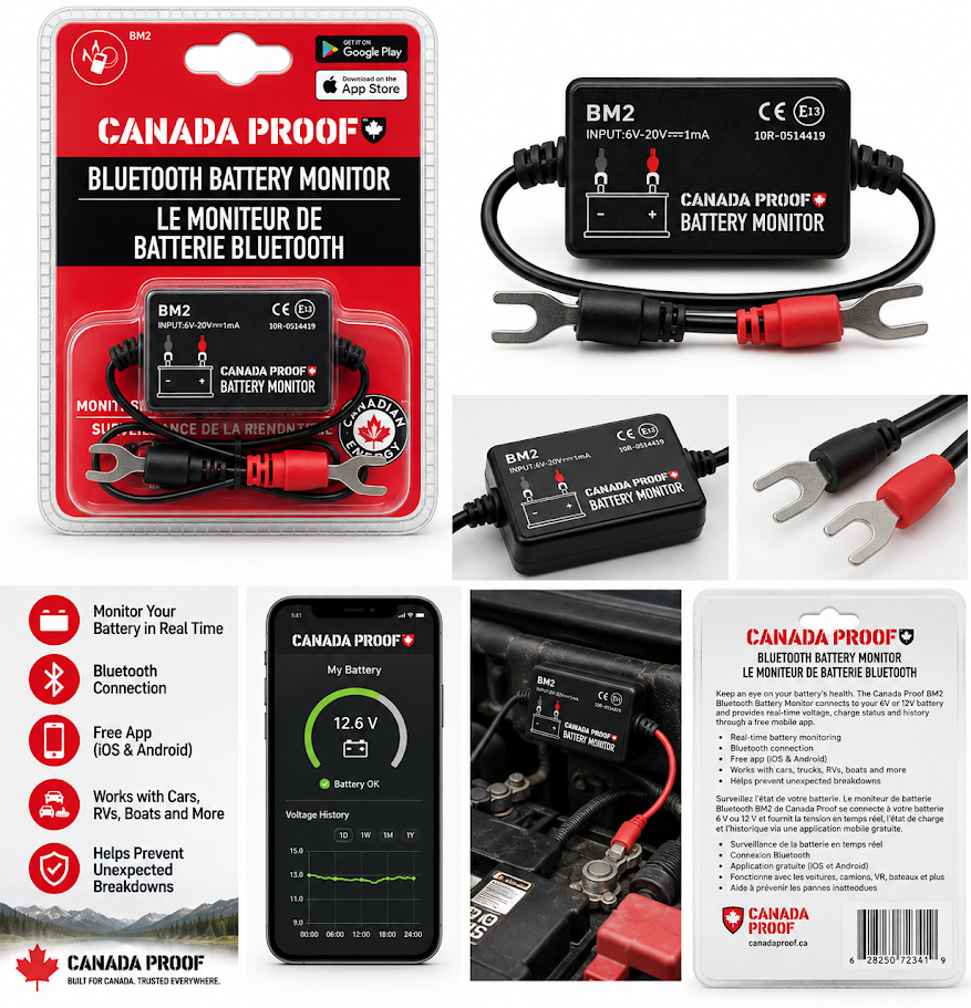 Canada Proof BM2 Bluetooth battery monitor connected to a vehicle battery