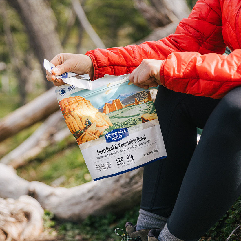 Tex-Mex Fiesta freeze-dried camping meal pouch with beef, rice, pinto beans and vegetables