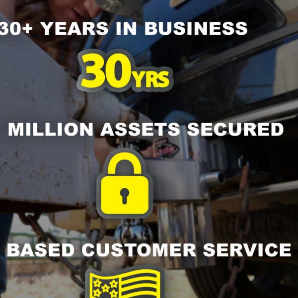 Promotional graphic with text reading '30+ YEARS IN BUSINESS', '30 YRS', 'MILLION ASSETS SECURED', and 'BASED CUSTOMER SERVICE' over a close-up photo of a padlock attached to a hitch or vehicle hardware.