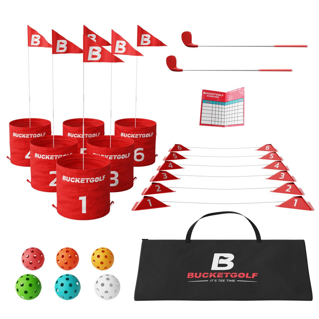 BucketGolf backyard golf game set with pop-up buckets, flagsticks, balls and clubs