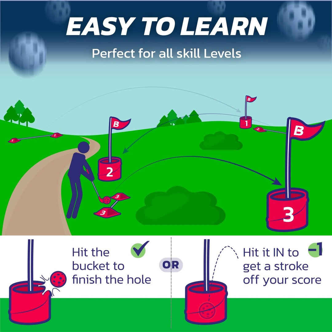 BucketGolf portable golf game carry bag with complete backyard golf equipment