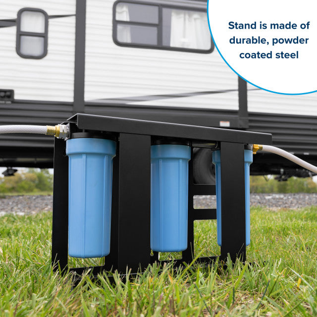 Detailed view of the three-stage filtration system of the Camco Evo X3, highlighting the 5-micron sediment, 0.5-micron carbon block, and 0.2-micron virus protection cartridges.