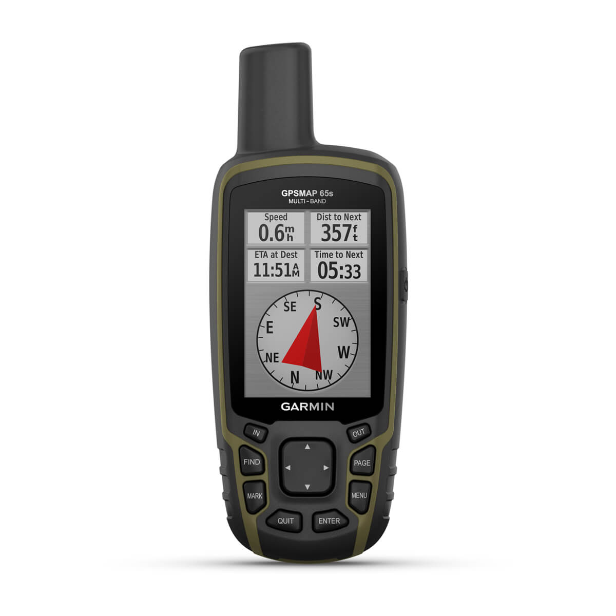 A rugged handheld GPS device with a 2.6” color display, designed for outdoor navigation.