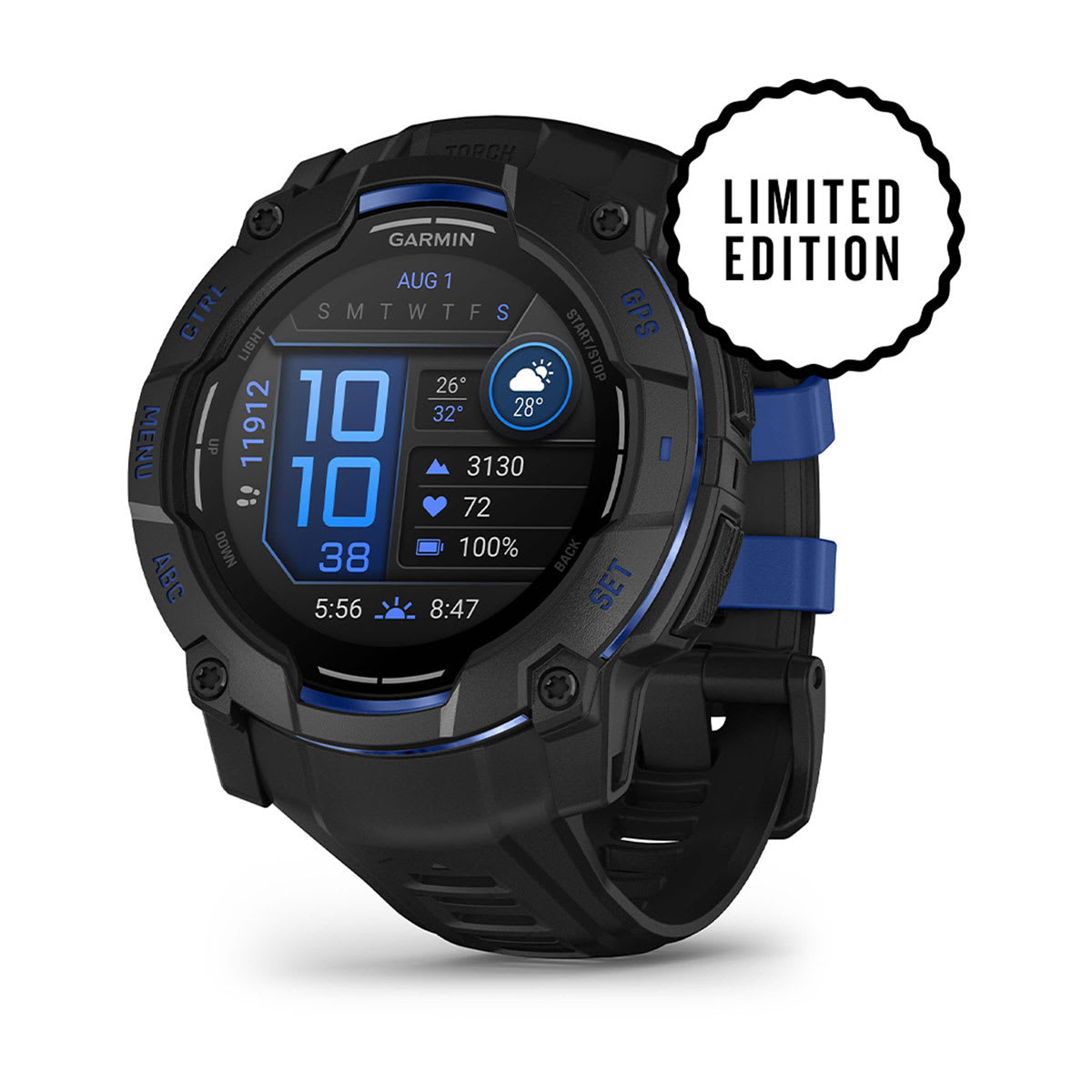 Garmin Instinct 3 AMOLED 50mm Smartwatch in Black with Black/Bolt Blue Band - Front View Rugged GPS Watch
