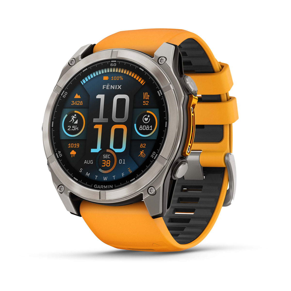 Garmin fēnix® 8 multisport GPS smartwatch with 1.4-inch AMOLED display, scratch-resistant sapphire lens, and titanium bezel