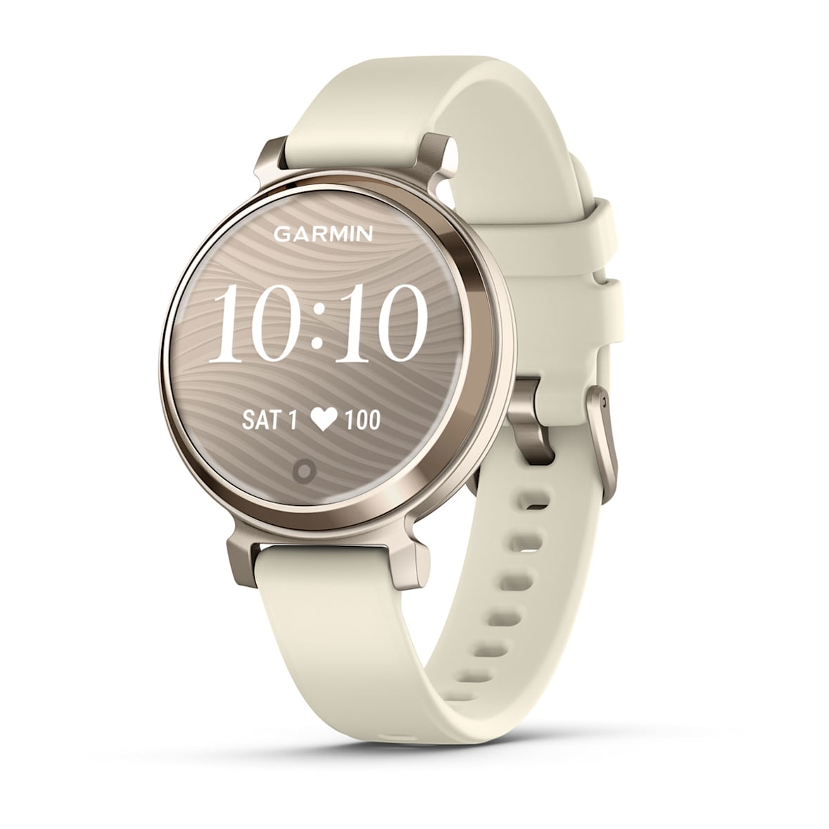 The Lily® 2 smartwatch with its bright touchscreen display activated, revealing health tracking metrics. The patterned lens lifts to show the vibrant screen, offering a glimpse of its smart features.