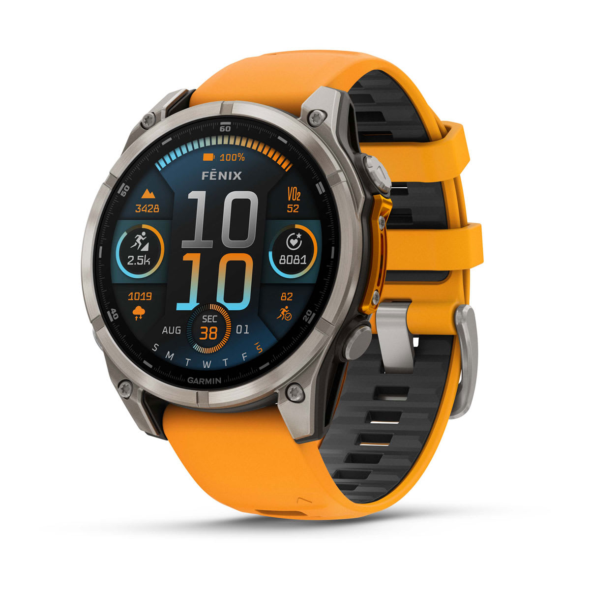 Garmin fēnix 8 Sapphire with Titanium bezel and Spark Orange Graphite band