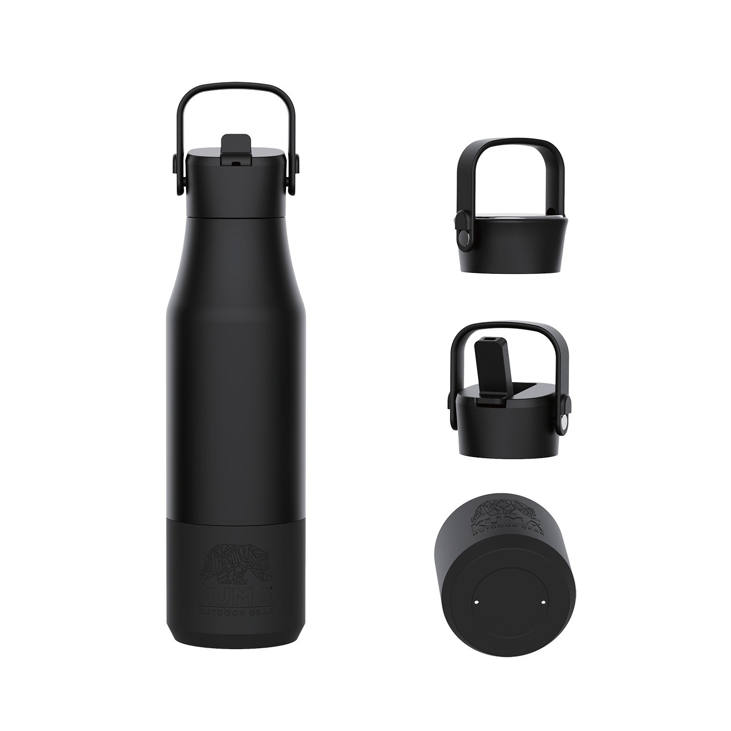 A matte black insulated water bottle with a carry loop, shown alongside three views of its detached cap components on a plain white background.