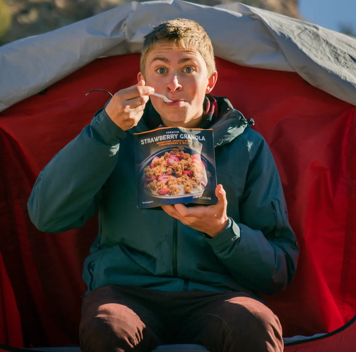 Freeze dried strawberry granola camping food ready with cold water