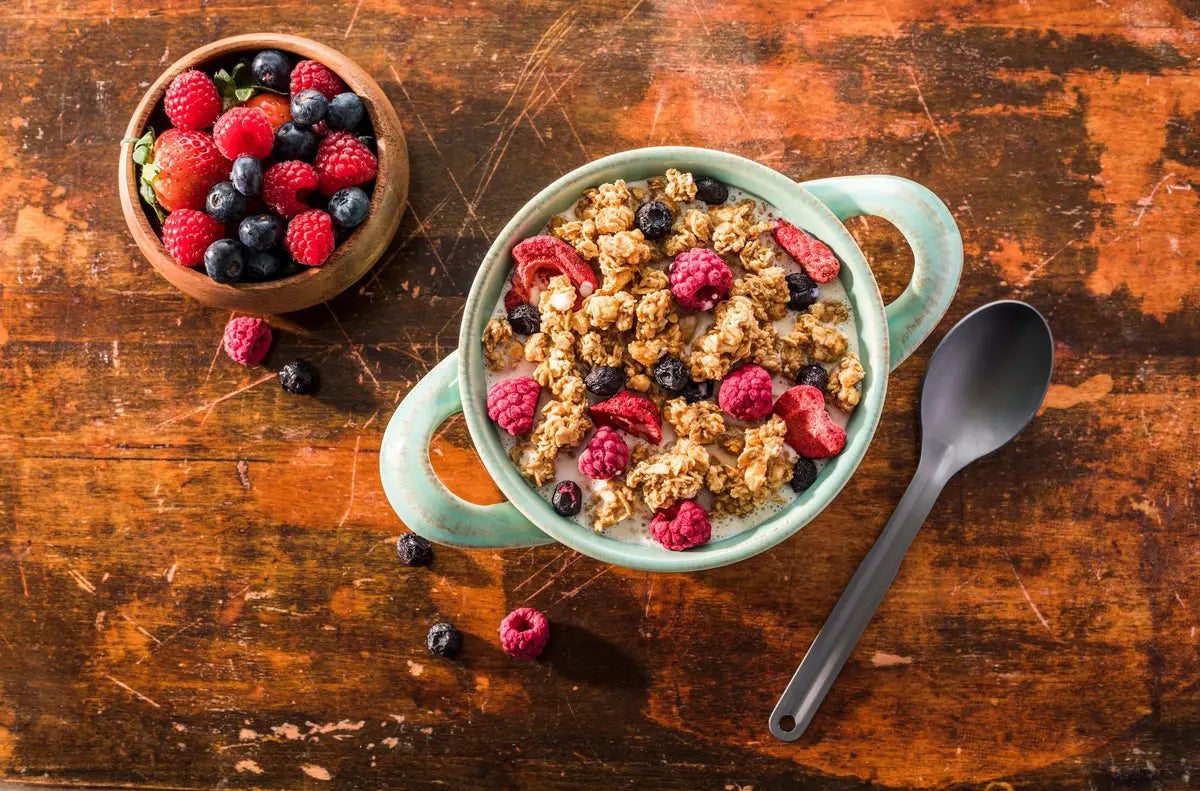 Lightweight backpacking breakfast granola with mixed berries