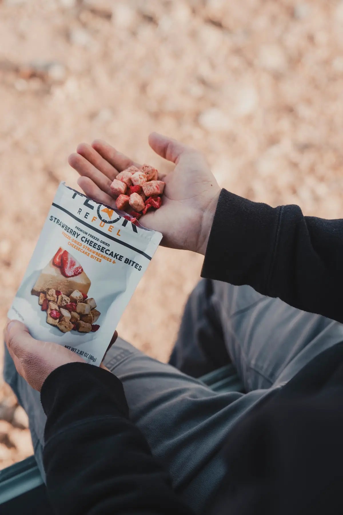 Lightweight freeze dried strawberry cheesecake bites hiking snack