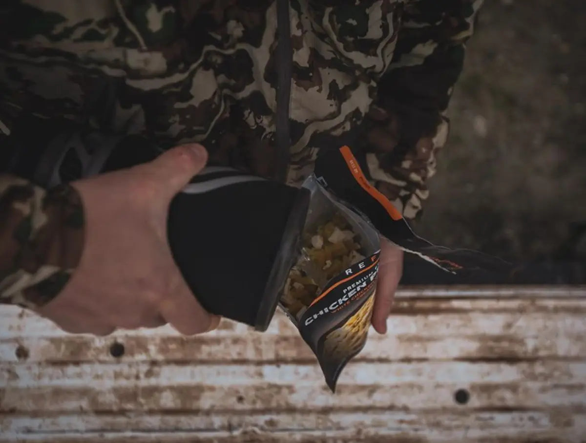 Freeze dried chicken pesto pasta camping food with creamy pesto sauce