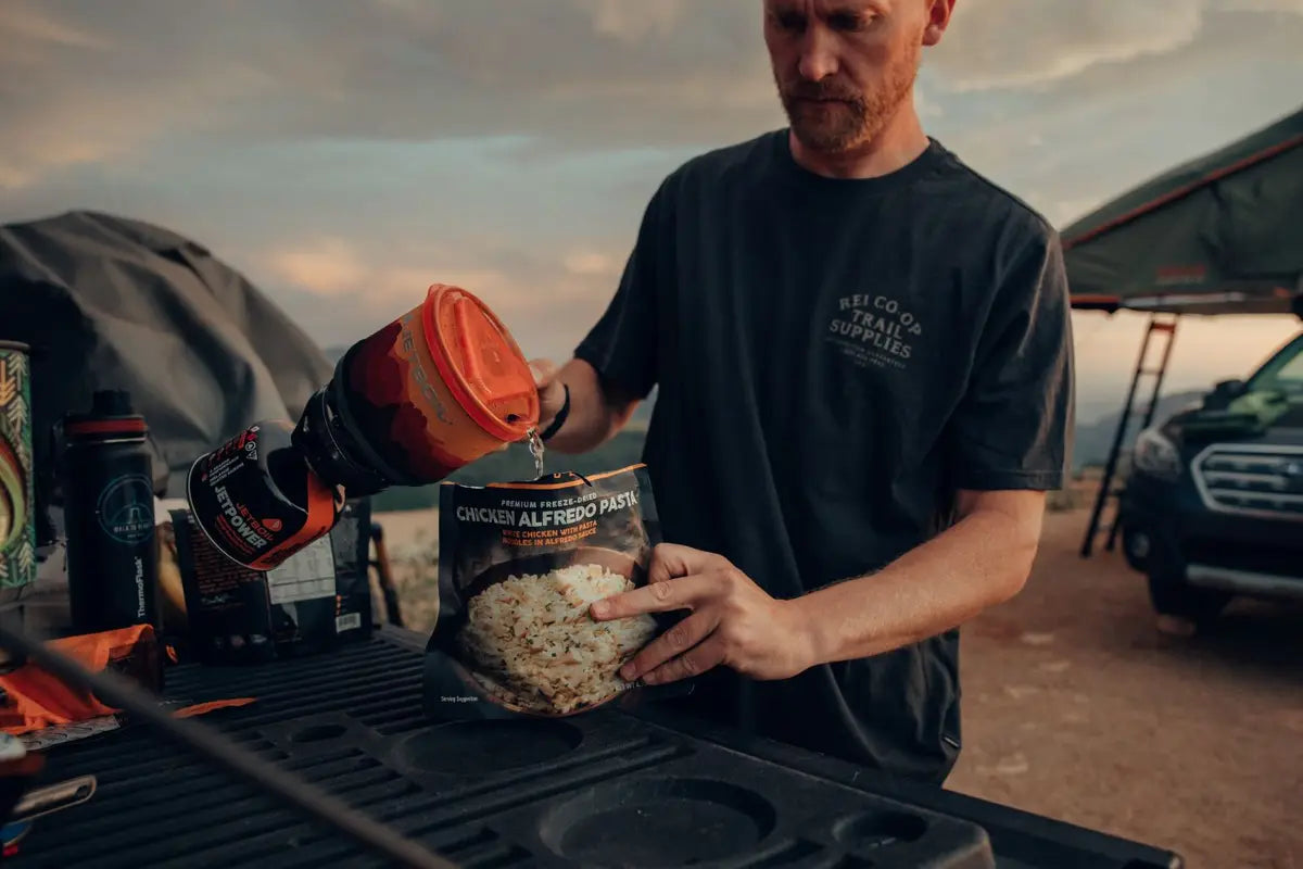 Freeze dried Chicken Alfredo camping food with 53g protein per pouch