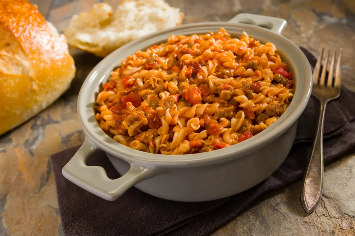 Peak Refuel beef pasta marinara outdoor dinner with real beef crumbles