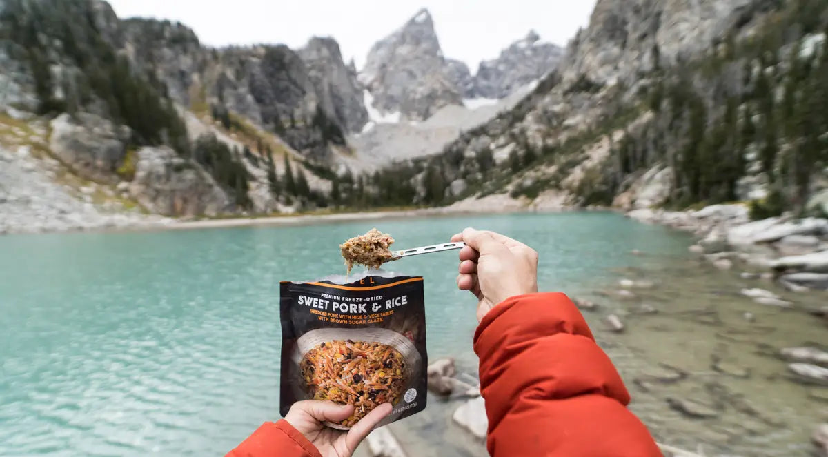 Backpacking dinner sweet pork and rice with chili spices and cilantro