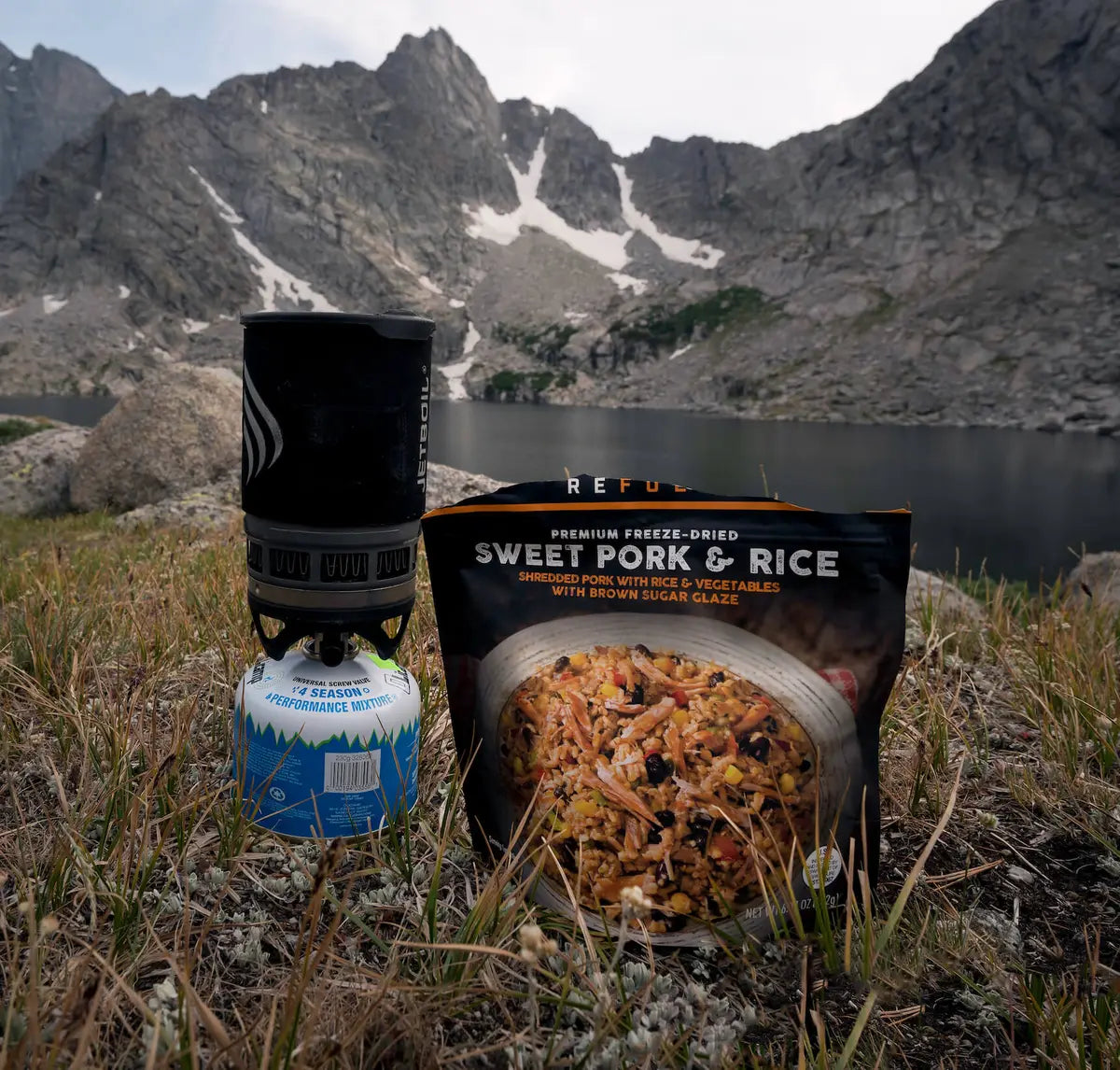 Freeze dried sweet pork and rice camping food with black beans and peppers
