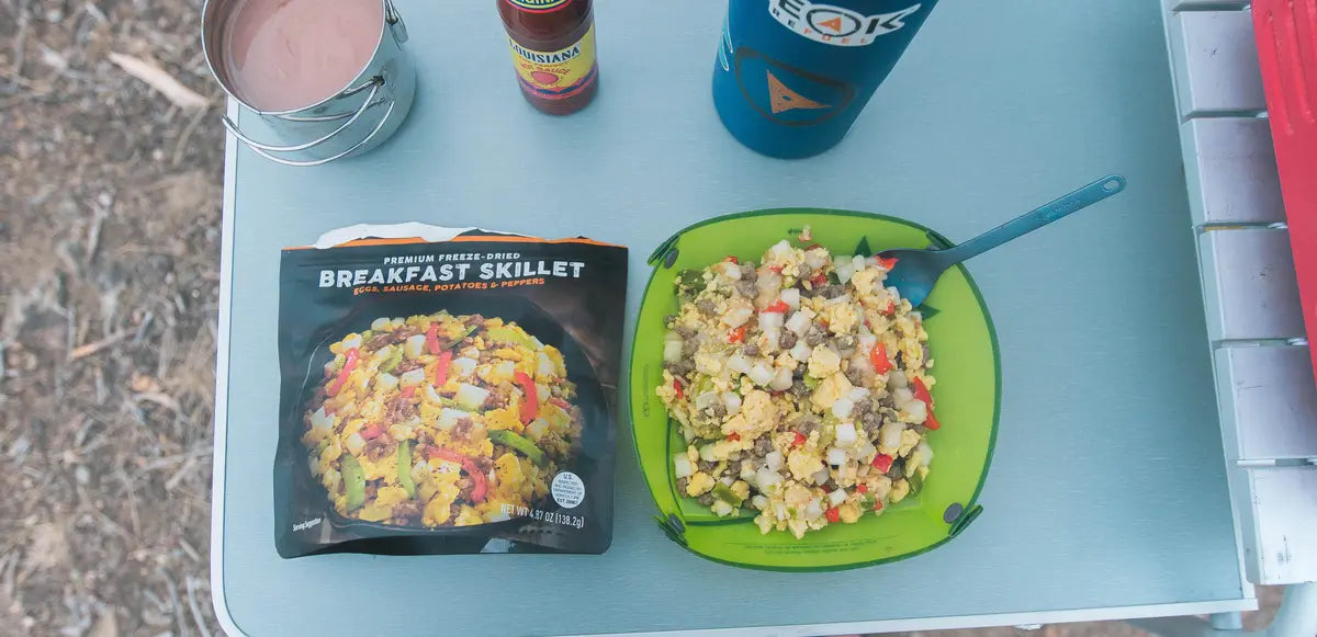 Freeze dried breakfast skillet camping food with real sausage and eggs