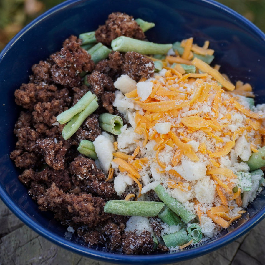 High-protein freeze-dried beef shepherd’s pie camping meal
