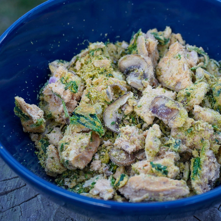 Freeze-dried cheesy chicken camping meal with bacon mushrooms and spinach