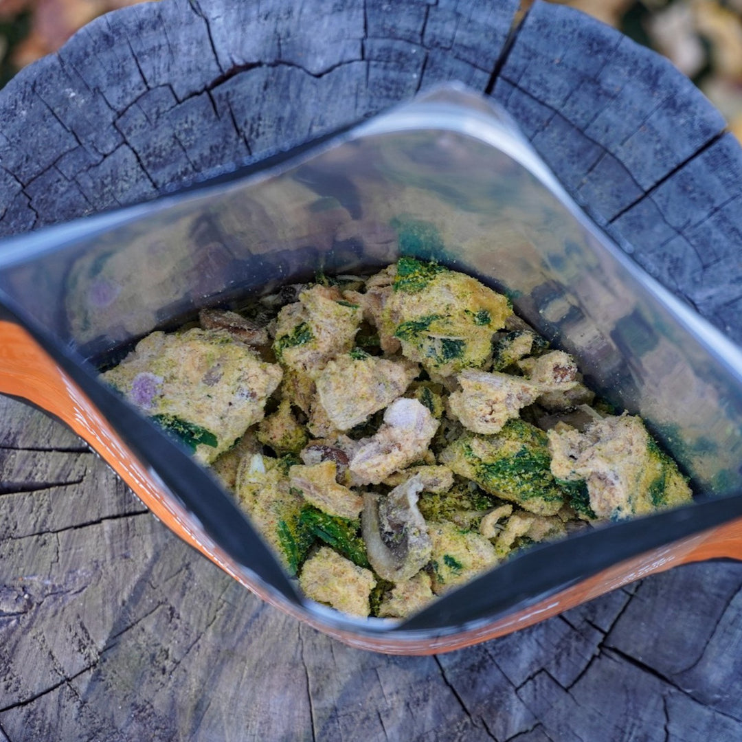 High-protein freeze-dried chicken casserole with cheese mushrooms and spinach