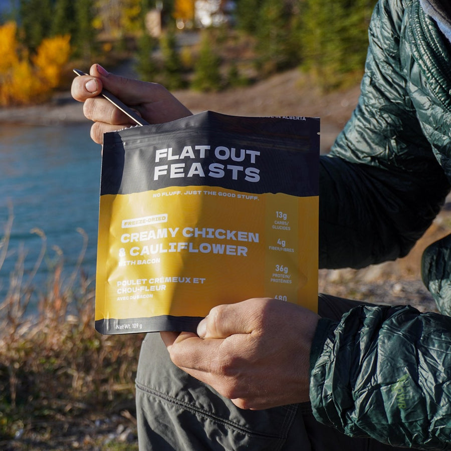 Backpacking freeze-dried creamy chicken and cauliflower with bacon