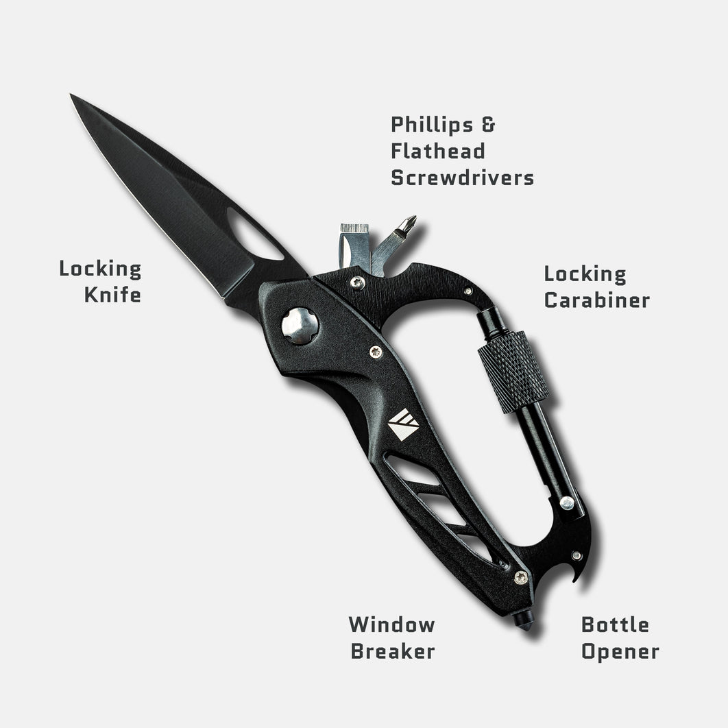 All-metal 5-in-1 carabiner with glass breaker