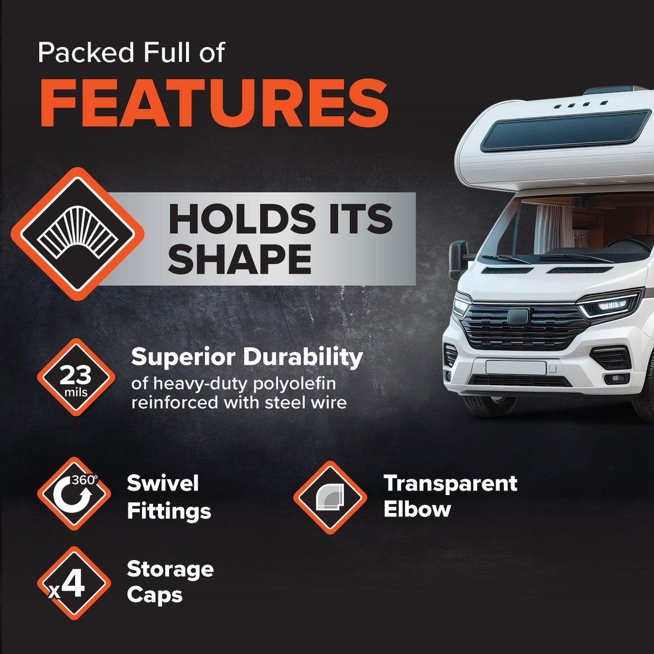 Transparent elbow with removable 4-in-1 adapter fitting, designed to connect to 3-inch, 3-1/2-inch, and 4-inch sewer pipes.