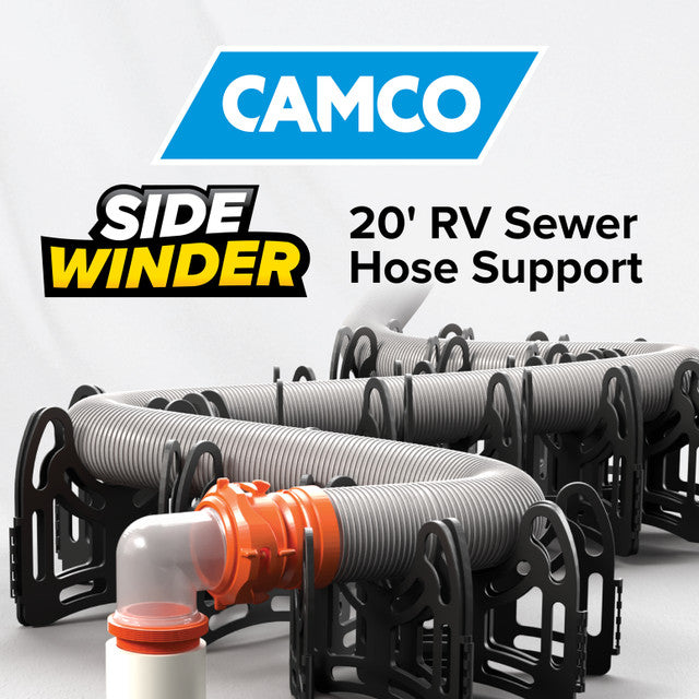 RV sewer hose secured on the Sidewinder support, showing its deep cradles and angled slope for optimal drainage.