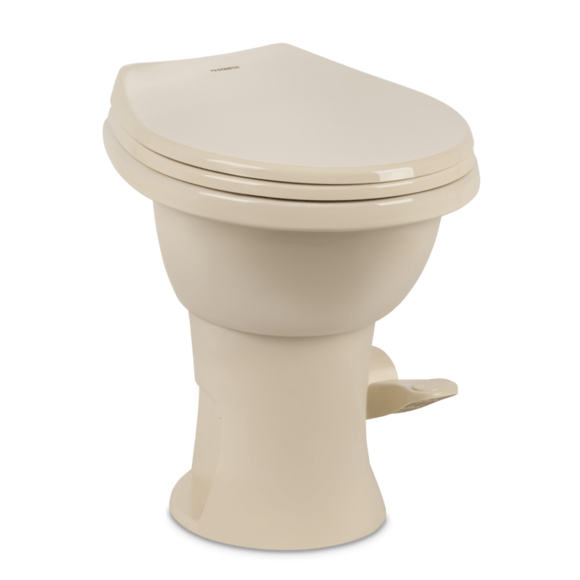 Dometic 410 Series RV toilet in bone with porcelain bowl and gravity flush
