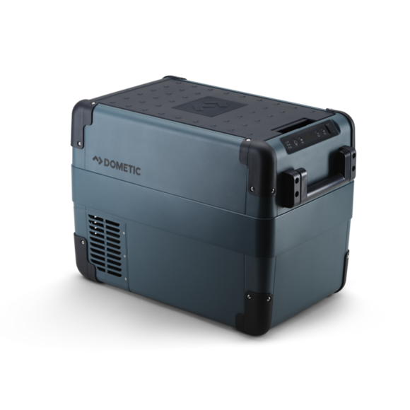 Dometic CFX2 28L electric cooler with folding ABS handles, ocean blue color, and durable reinforced corners