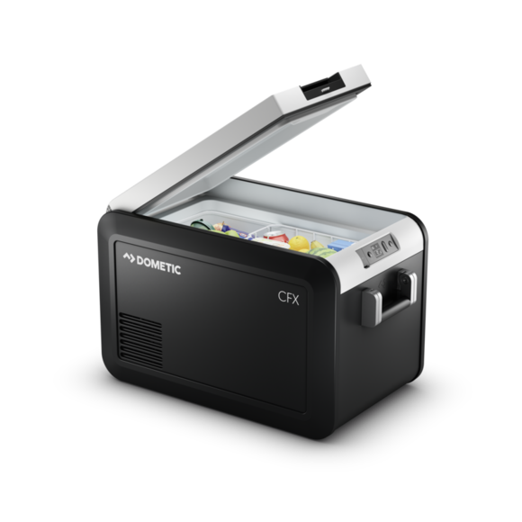 Dometic CFX3 35 electric cooler shown with its rugged ExoFrame construction and aluminum alloy handles.