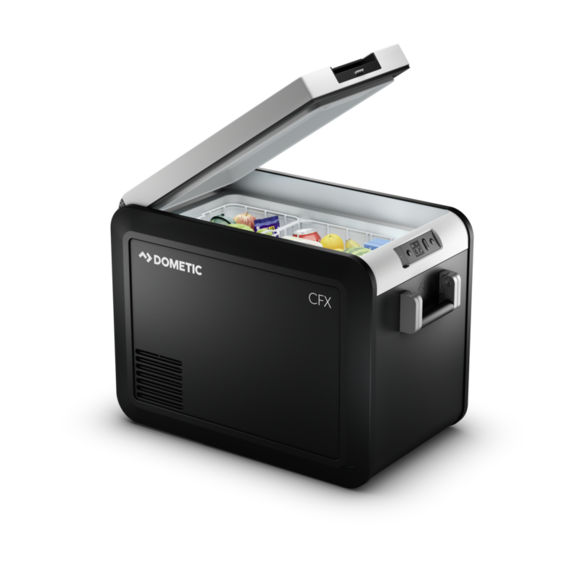 The Dometic CFX3 45 electric cooler, featuring a rugged design with lightweight fender frames, strong aluminum alloy handles, and a high-resolution color display for easy control