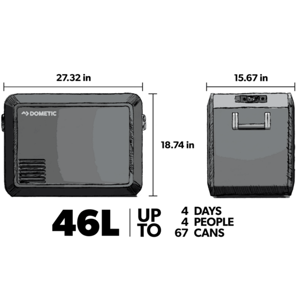 Generous 46-liter interior of the Dometic CFX3 45 cooler, capable of storing up to 67 cans with efficient temperature control down to -7°F.