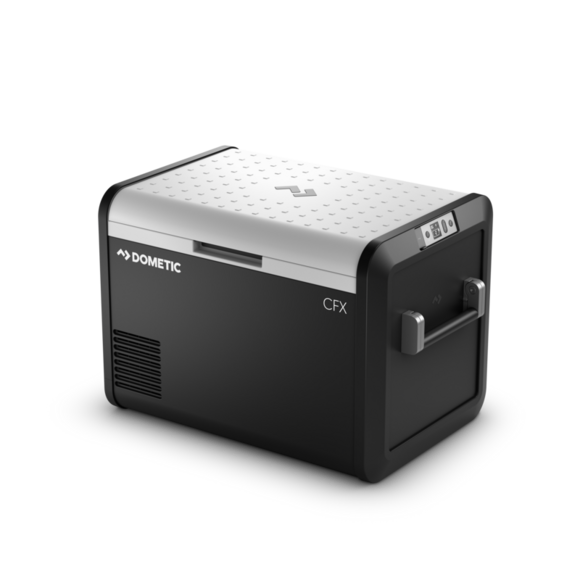 Close-up of the Rapid Freeze Plate and two custom silicon ice trays inside the Dometic CFX3 55IM cooler. The plate can super cool to make ice in a few hours without affecting the cooler's overall temperature