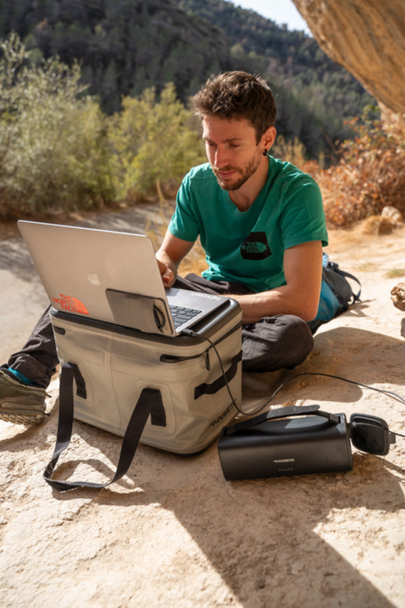 Close-up of the Dometic PLB15's 12V, USB-C, and USB-A output ports, alongside its DC coaxial input for wall, car, or solar charging options.