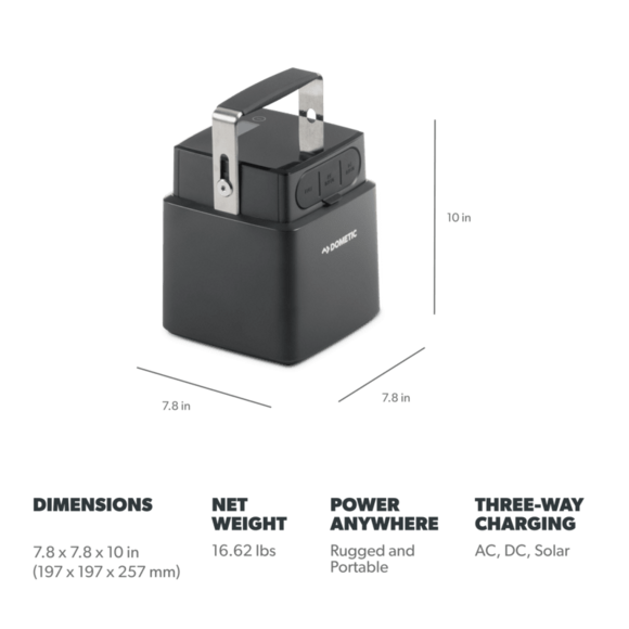 A user carrying the Dometic PLB40 with its ergonomically designed stainless steel handle, emphasizing its lightweight and portable design for outdoor use.