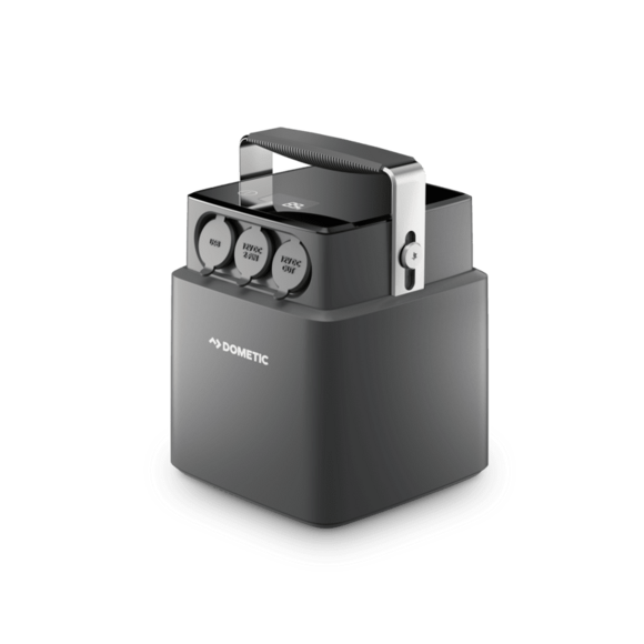 "The Dometic PLB40 lithium iron phosphate battery, compact and lightweight with a stainless steel handle, designed for off-grid power needs."