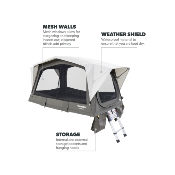 A close-up of the interior space of the rooftop tent, featuring the 3.2 cm high-density foam mattress and anti-condensation mat. Mesh windows on all sides offer ventilation and connection to the outdoors while maintaining privacy.