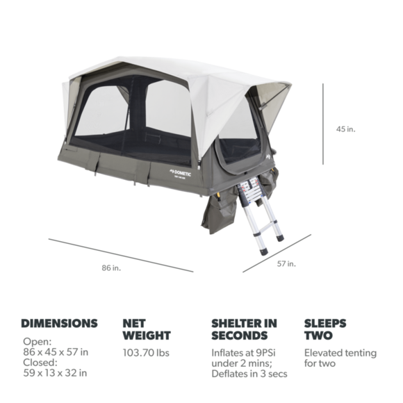 The rooftop tent folded into its compact tri-fold design, secured with a durable PVC cover for easy transportation and storage.