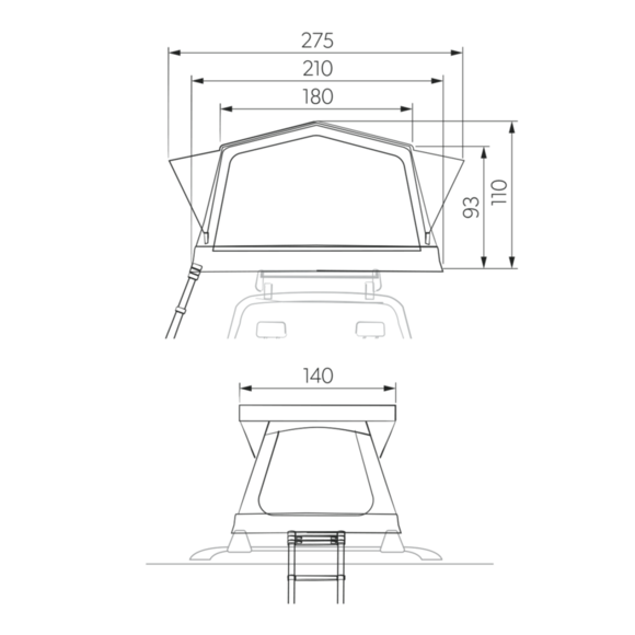 A lightweight telescopic aluminum ladder included with the Dometic TRT 140 AIR rooftop tent, shown extended for easy access to the tent.