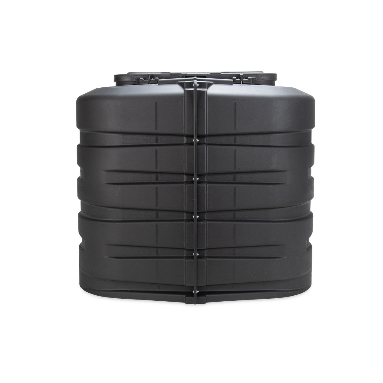 Side view of the black Camco RV propane tank cover, showing its durable construction and contoured fit over double propane tanks.