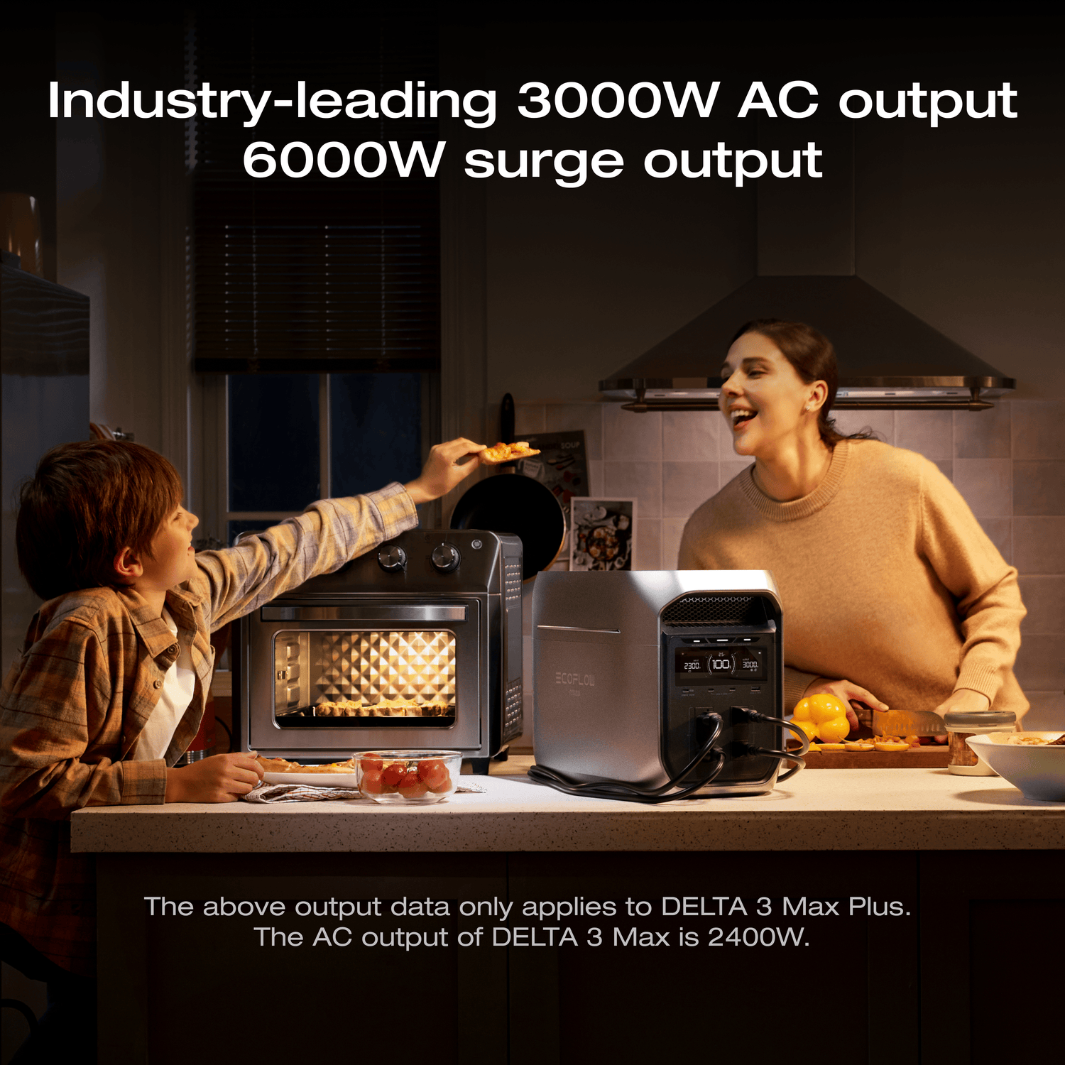EcoFlow DELTA 3 Max Plus solar-ready power station with expandable 2kWh to 10kWh battery capacity for extended runtime.