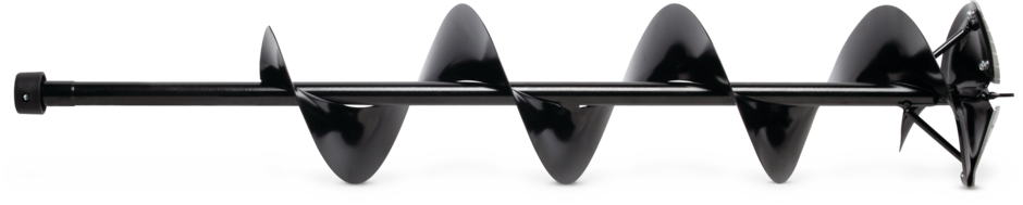 Black garden auger drill bit on a white background